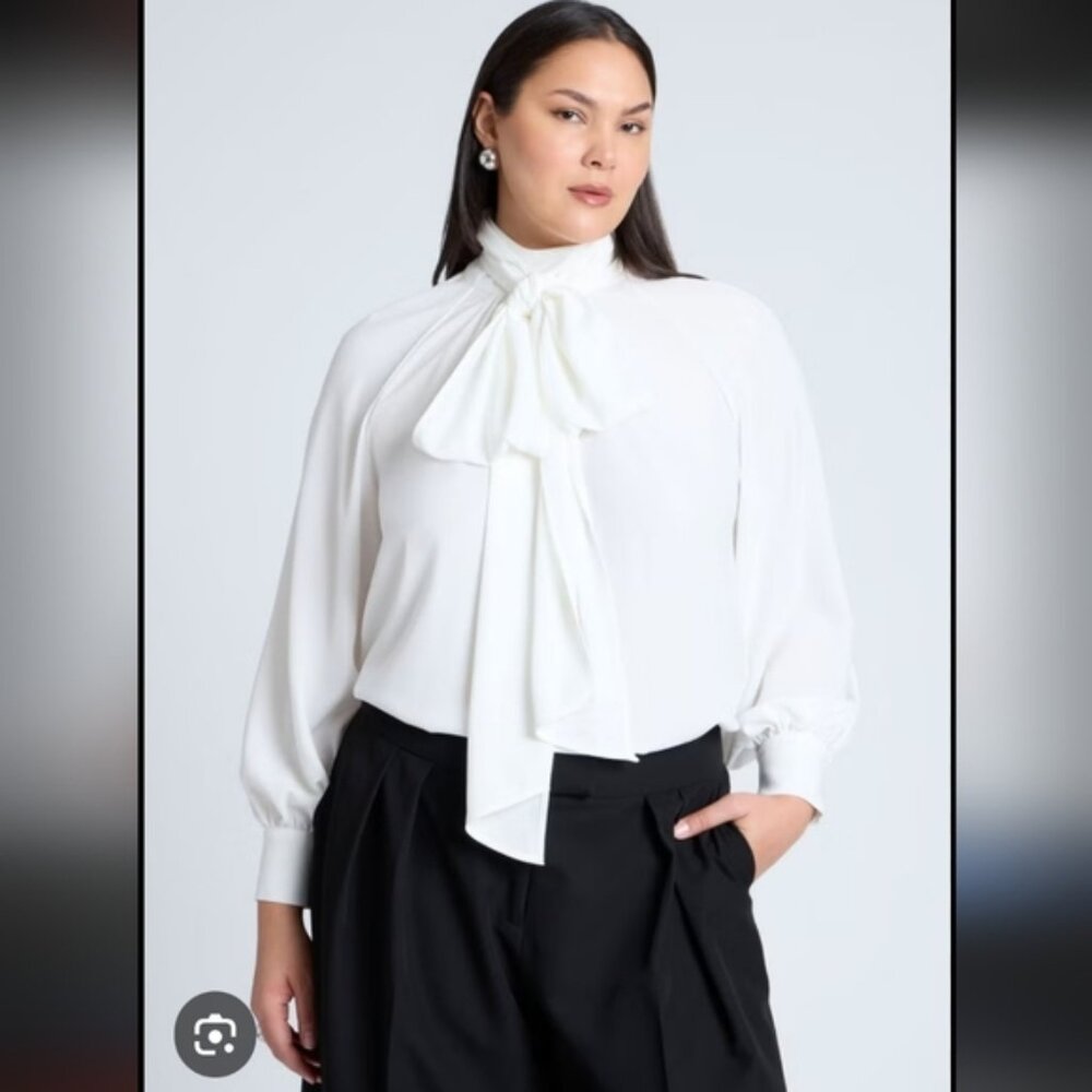 A crepe mock-neck blouse with a functional tie, raglan sleeves, and cinched butt